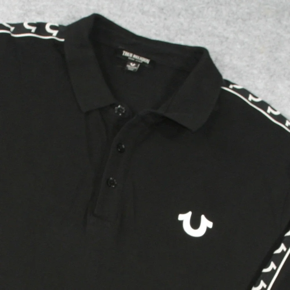 True Religion Mens LS Damask Polo Medium Black Logo Tape Long Sleeve Shirt